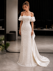 Pearl Draped Off-Shoulder Mermaid Wedding Dress - Couture Beaded Bridal Gown with Satin Puff Sleeves