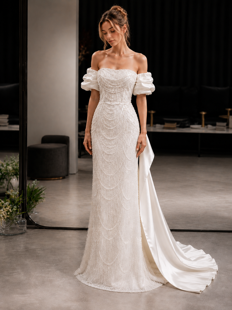 Pearl Draped Off-Shoulder Mermaid Wedding Dress - Couture Beaded Bridal Gown with Satin Puff Sleeves