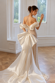 Pearl Draped Off-Shoulder Mermaid Wedding Dress - Couture Beaded Bridal Gown with Satin Puff Sleeves