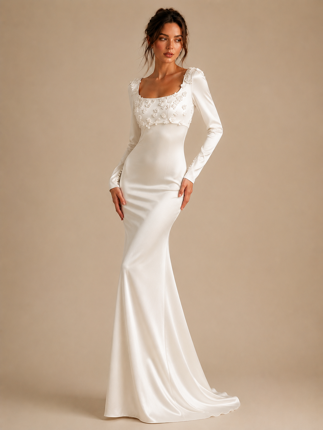 Ivory Floral Appliqué Satin Maxi Dress - Elegant Sculpted Silhouette Bridal Evening Gown