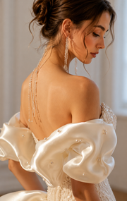 Pearl Draped Off-Shoulder Mermaid Wedding Dress - Couture Beaded Bridal Gown with Satin Puff Sleeves