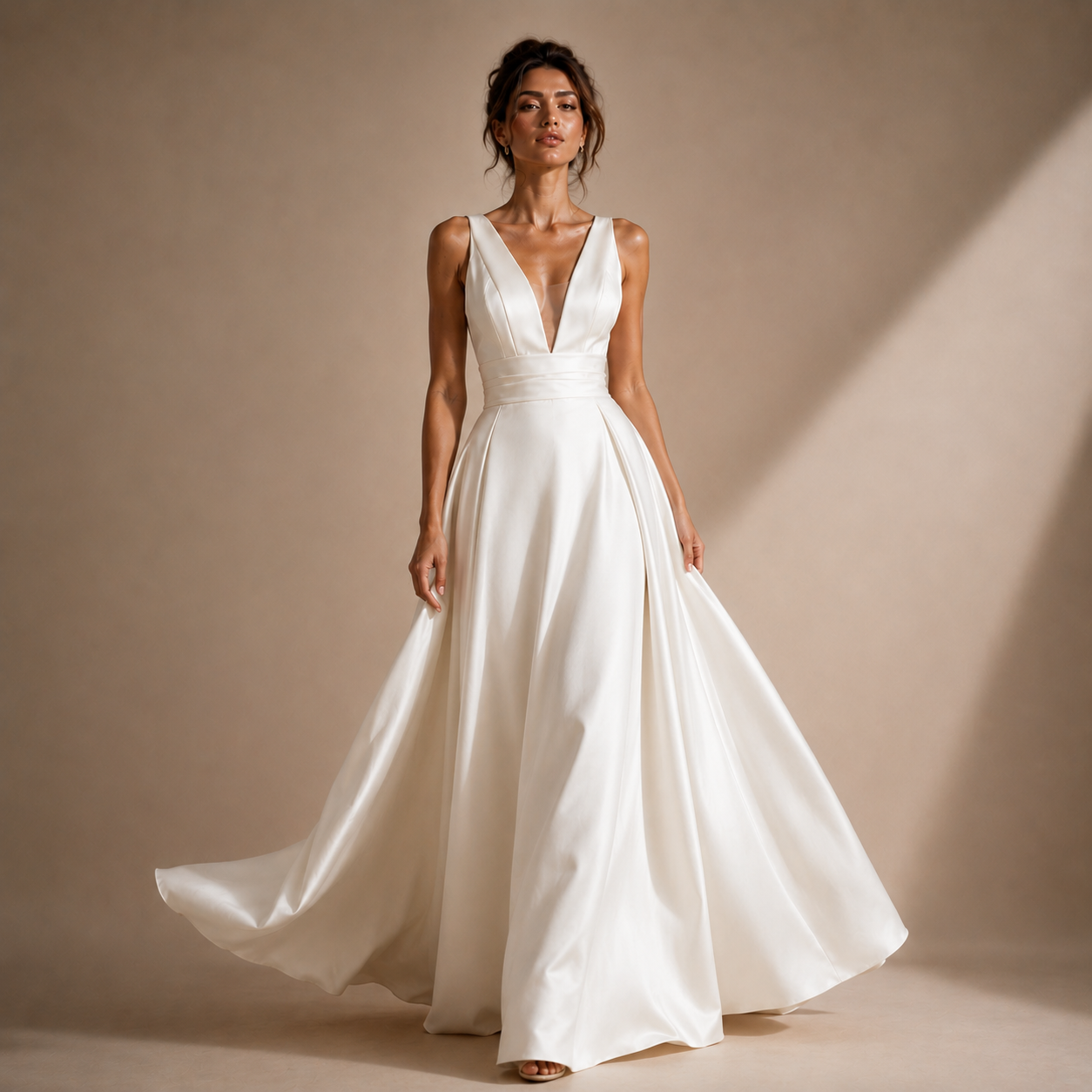 Ivory Satin Deep V-Back Wedding Gown - Sculpted Elegance Bridal Dress