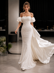Pearl Draped Off-Shoulder Mermaid Wedding Dress - Couture Beaded Bridal Gown with Satin Puff Sleeves