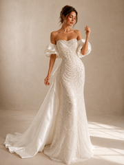 Pearl Draped Off-Shoulder Mermaid Wedding Dress - Couture Beaded Bridal Gown with Satin Puff Sleeves