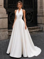 Ivory Satin Halter Wedding Gown - Minimalist Open Back A-Line Bridal Dress with Chapel Train
