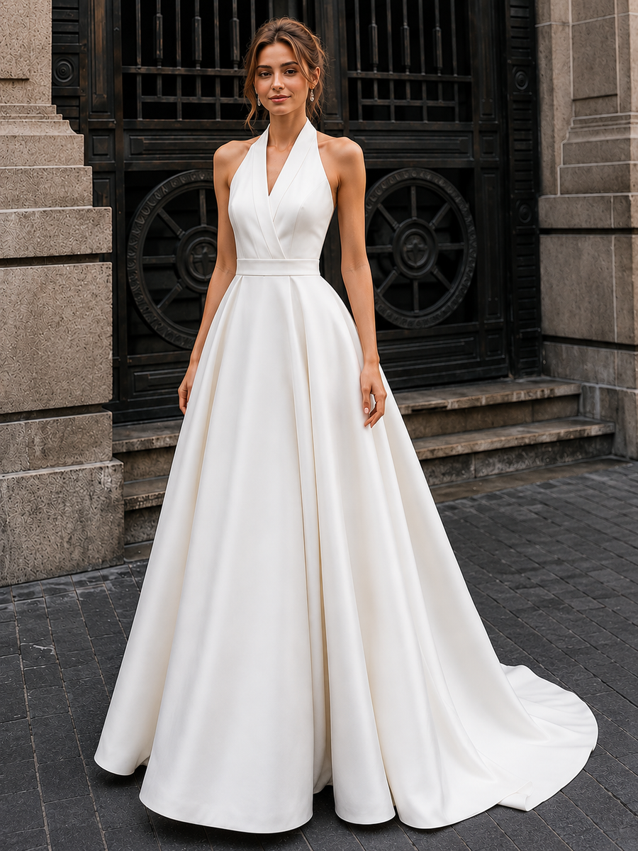 Ivory Satin Halter Wedding Gown - Minimalist Open Back A-Line Bridal Dress with Chapel Train