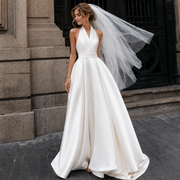 Ivory Satin Halter Wedding Gown - Minimalist Open Back A-Line Bridal Dress with Chapel Train