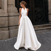 Ivory Satin Halter Wedding Gown - Minimalist Open Back A-Line Bridal Dress with Chapel Train
