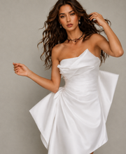 Ivory Sculpted Asymmetric Mini Dress - Couture Draped High-Low Statement Gown