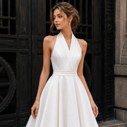 Ivory Satin Halter Wedding Gown - Minimalist Open Back A-Line Bridal Dress with Chapel Train