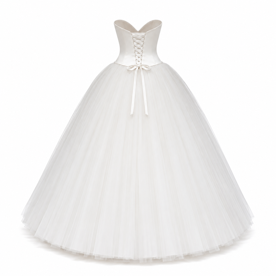 Ivory Strapless Corset Tulle Dress - Vintage Arc-Front Bridal Midi Gown