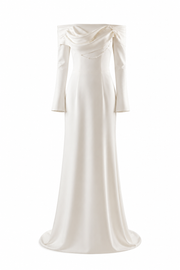 Ivory off-shoulder satin mermaid wedding guest dress with pearl draped neckline and long sleeves