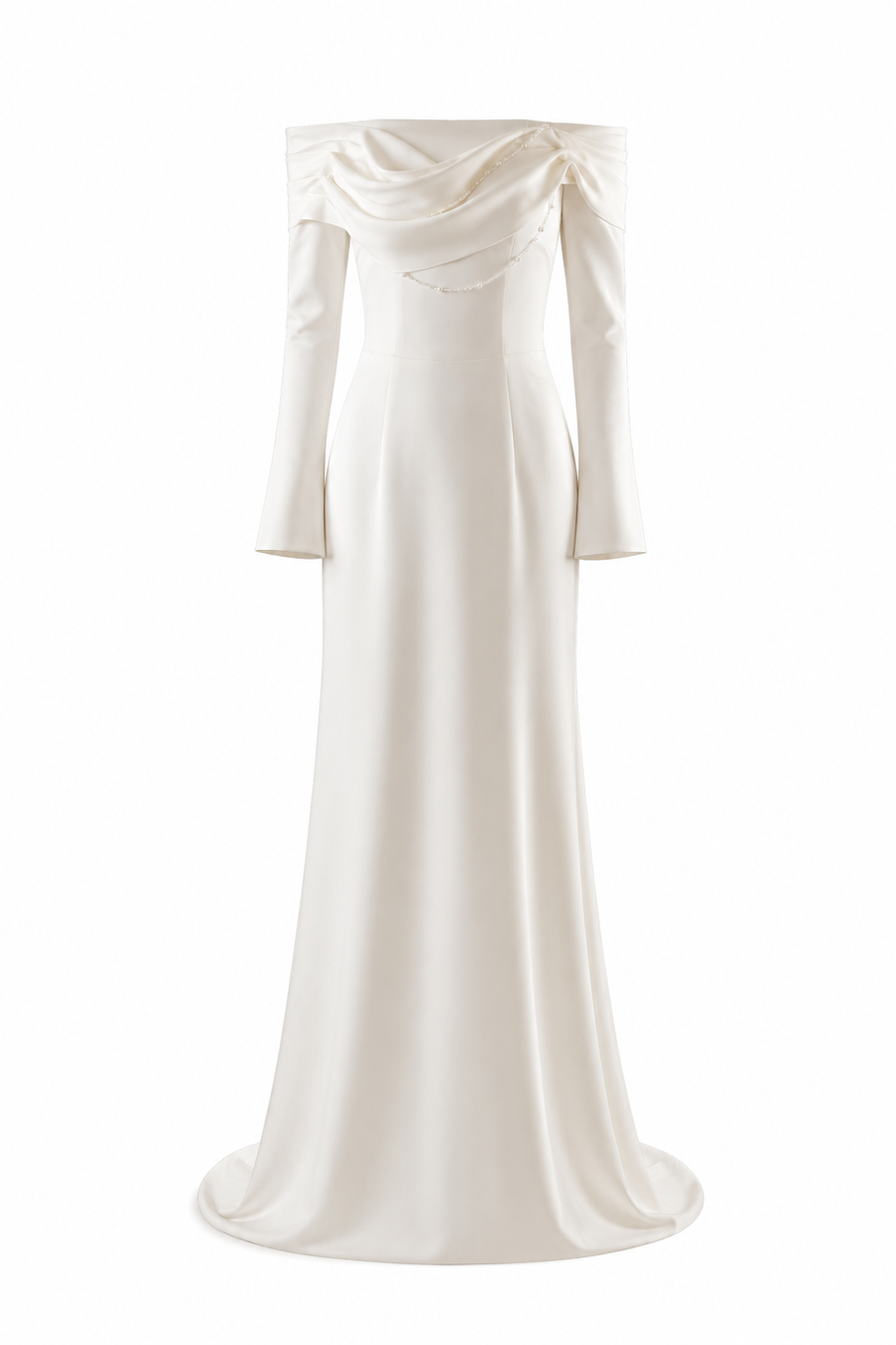 Ivory off-shoulder satin mermaid wedding guest dress with pearl draped neckline and long sleeves