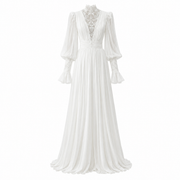 Vintage Celestial Lace Formal high neck chiffon wedding guest dress with embroidered lace and bishop sleeves