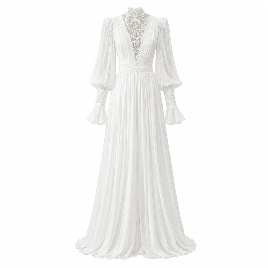 Vintage Celestial Lace Formal high neck chiffon wedding guest dress with embroidered lace and bishop sleeves