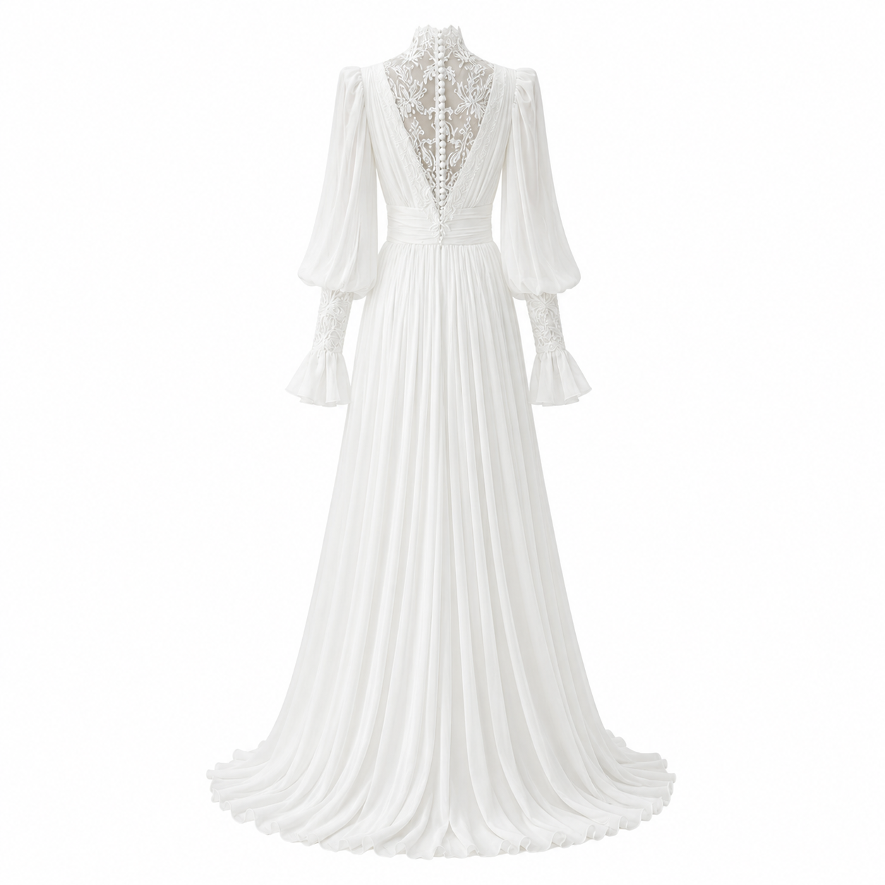 Celestial Lace Bridal Gown - Vintage French High Neck Chiffon Wedding Dress