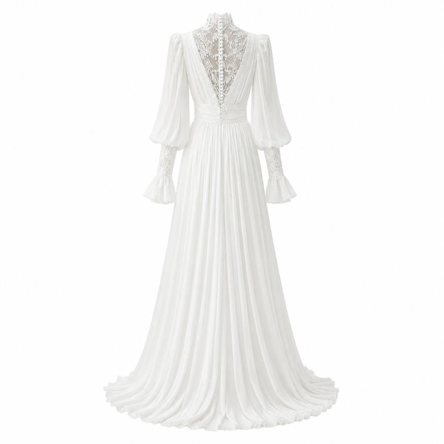Celestial Lace Formal wedding dress with vintage high neck chiffon and embroidered lace details