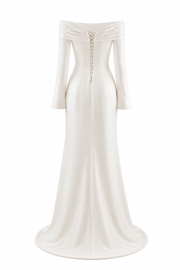 Ivory off-shoulder satin wedding guest dress with pearl draped mermaid silhouette and long sleeves