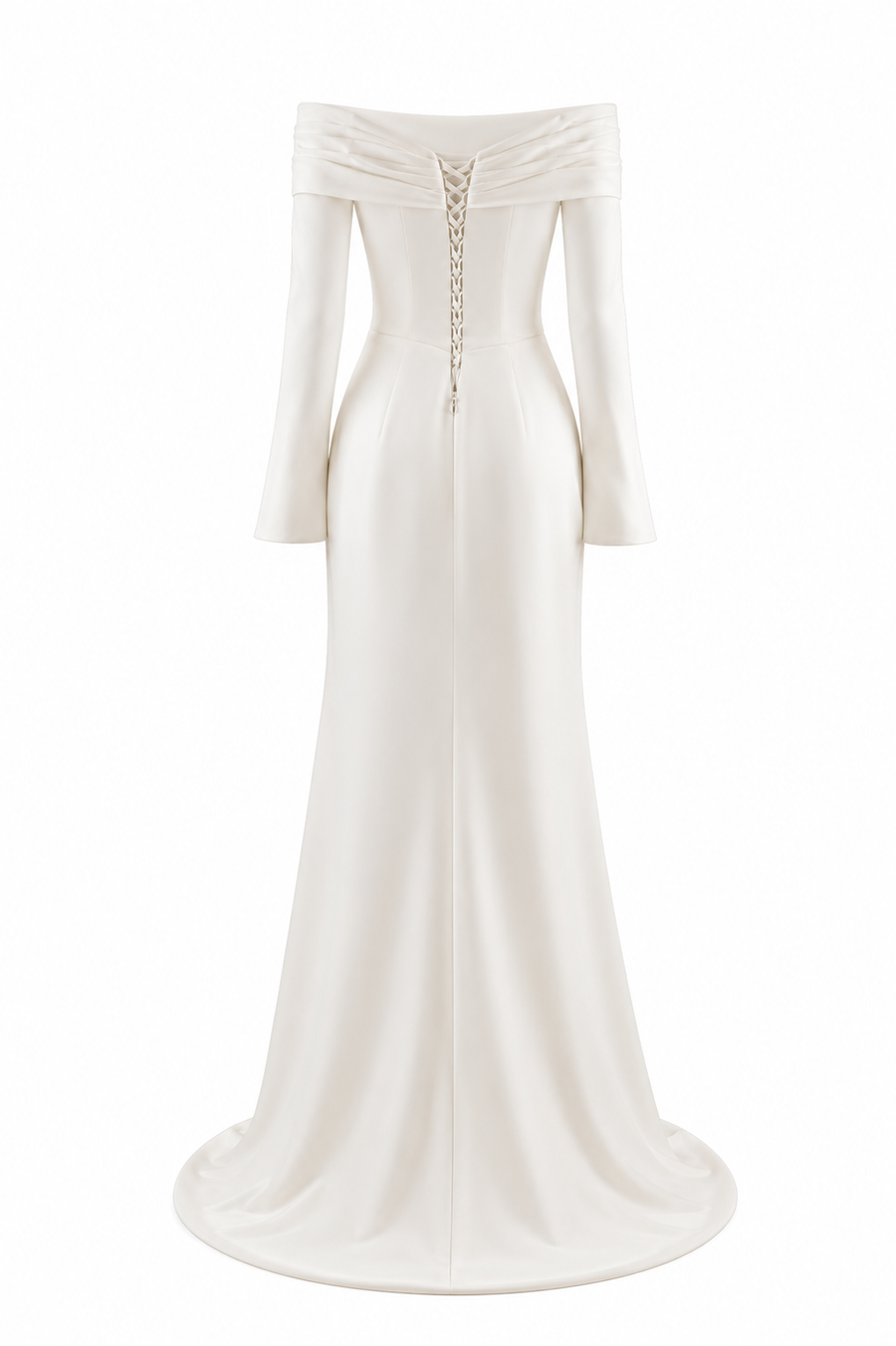 Ivory off-shoulder satin wedding guest dress with pearl draped mermaid silhouette and long sleeves