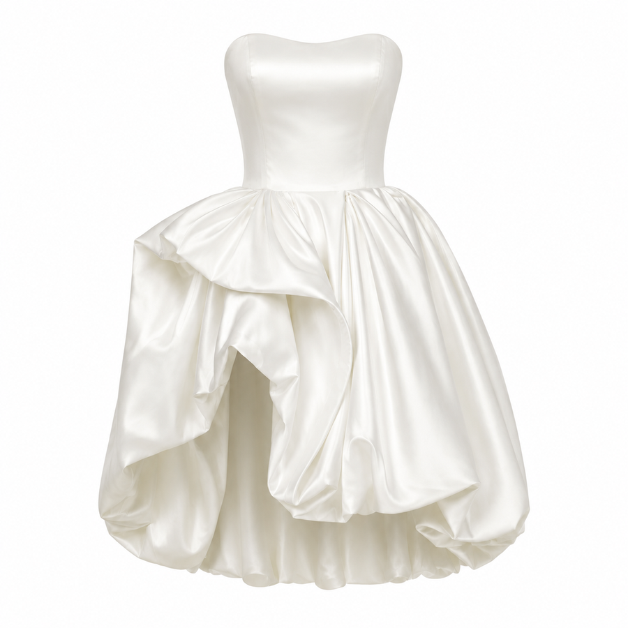Ivory Sculpted Satin Mini Dress - Modern Couture Bubble Hem Cocktail Dress