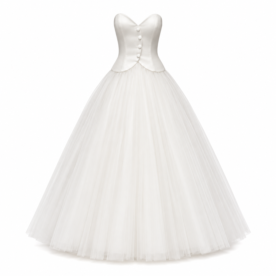 Ivory Strapless Corset Tulle Dress - Vintage Arc-Front Bridal Midi Gown