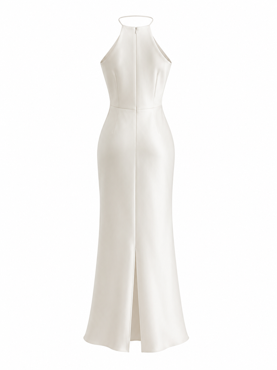 Ivory Satin Halter Maxi Dress - Elegant Back Slit Evening Gown