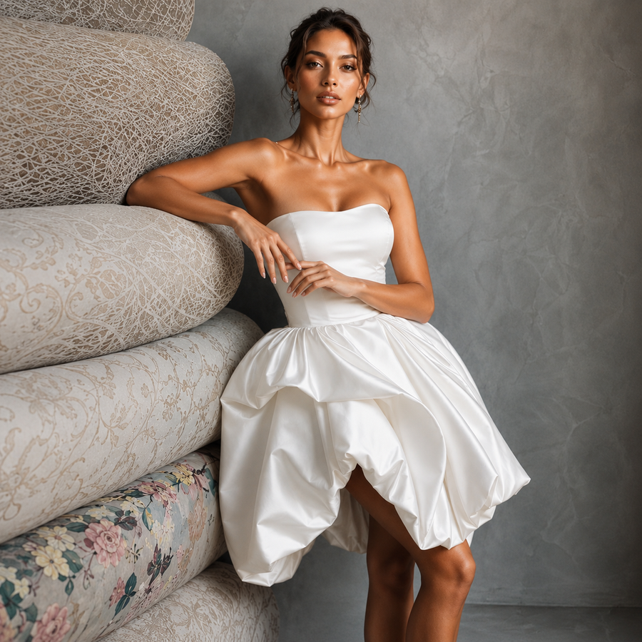 Ivory Sculpted Satin Mini Dress - Modern Couture Bubble Hem Cocktail Dress