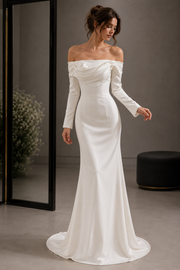 Ivory off-shoulder satin mermaid wedding guest dress with pearl draped neckline and long sleeves