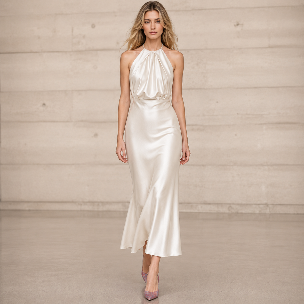 Ivory Satin Halter Maxi Dress - Elegant Back Slit Evening Gown