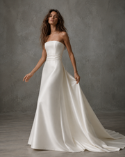 Ivory Satin Strapless Wedding Gown - Minimalist Couture Bridal Dress with Sculpted Silhouette