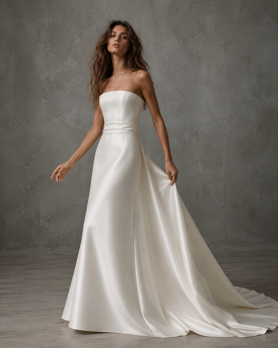 Ivory Satin Strapless Wedding Gown - Minimalist Couture Bridal Dress with Sculpted Silhouette