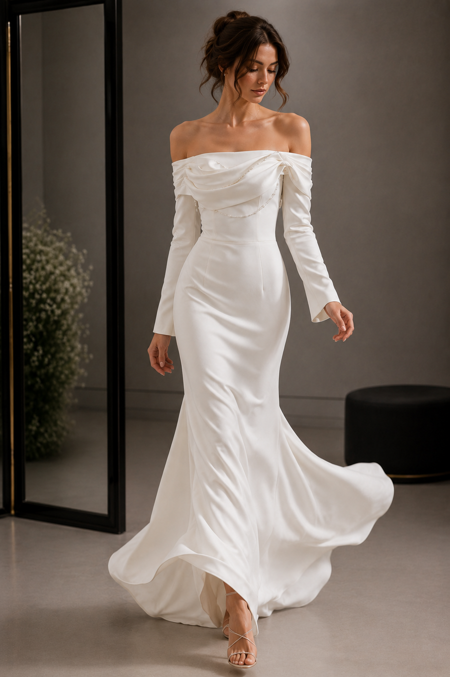 Ivory off-shoulder satin mermaid wedding guest dress with pearl draped neckline and long sleeves