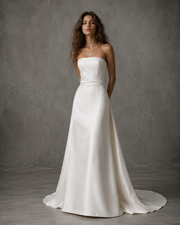 Ivory Satin Strapless Wedding Gown - Minimalist Couture Bridal Dress with Sculpted Silhouette