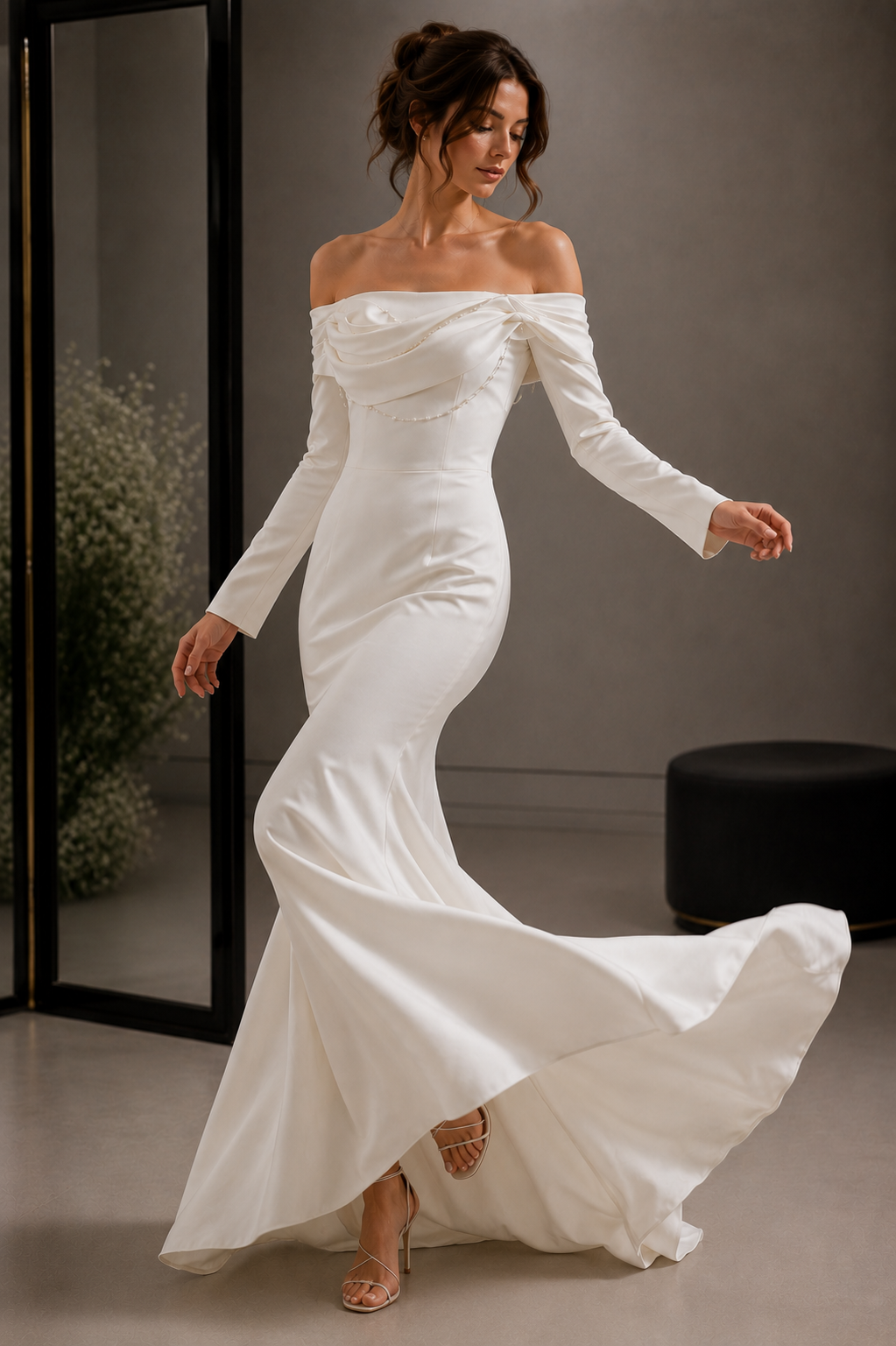 Ivory Off-Shoulder Satin Bridal Gown - Minimalist Pearl Draped Mermaid Wedding Dress