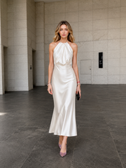 Ivory Satin Halter Maxi Dress - Elegant Back Slit Evening Gown