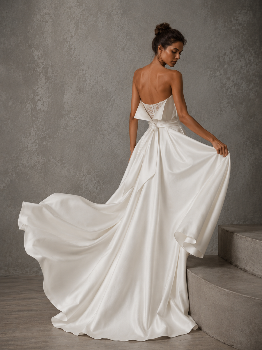 Ivory Satin Strapless Wedding Gown - Minimalist Couture Bridal Dress with Sculpted Silhouette