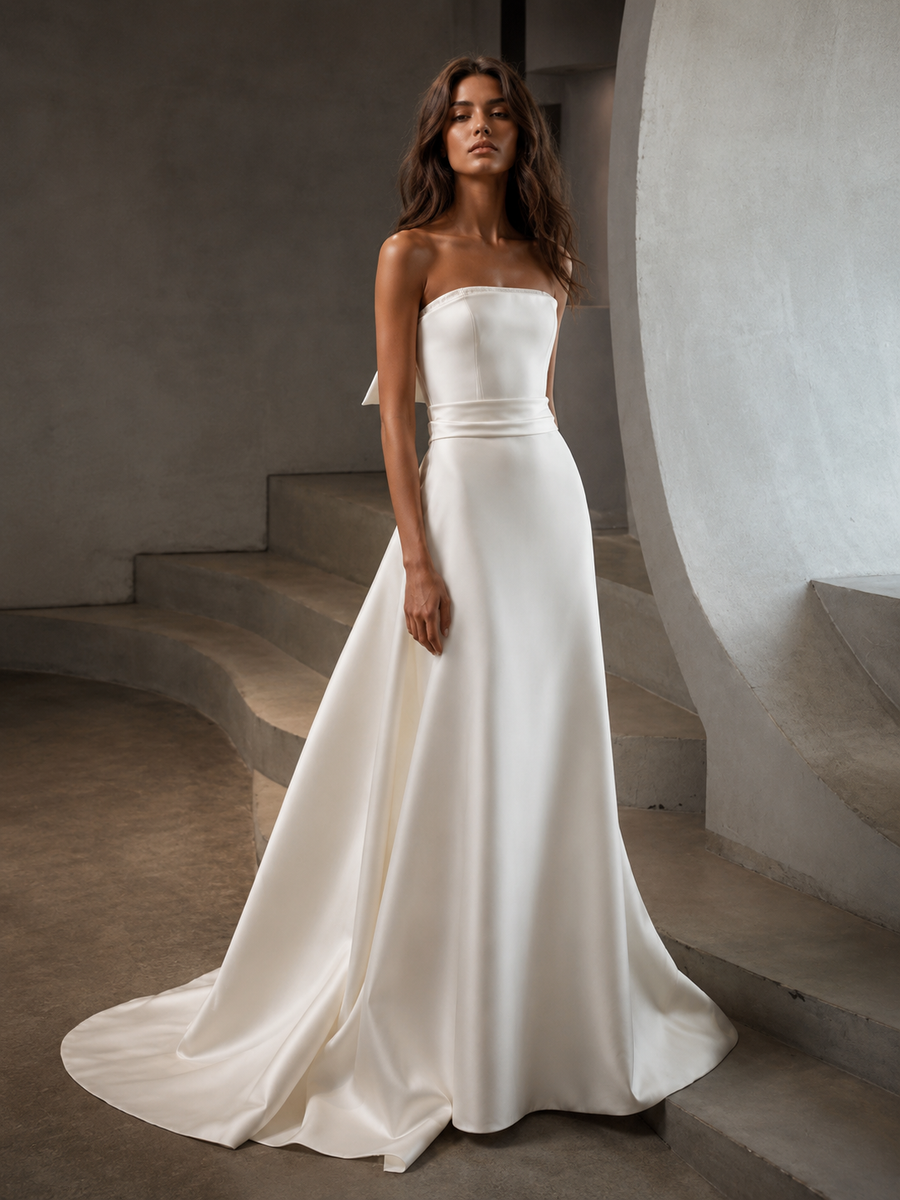 Ivory Satin Strapless Wedding Gown - Minimalist Couture Bridal Dress with Sculpted Silhouette