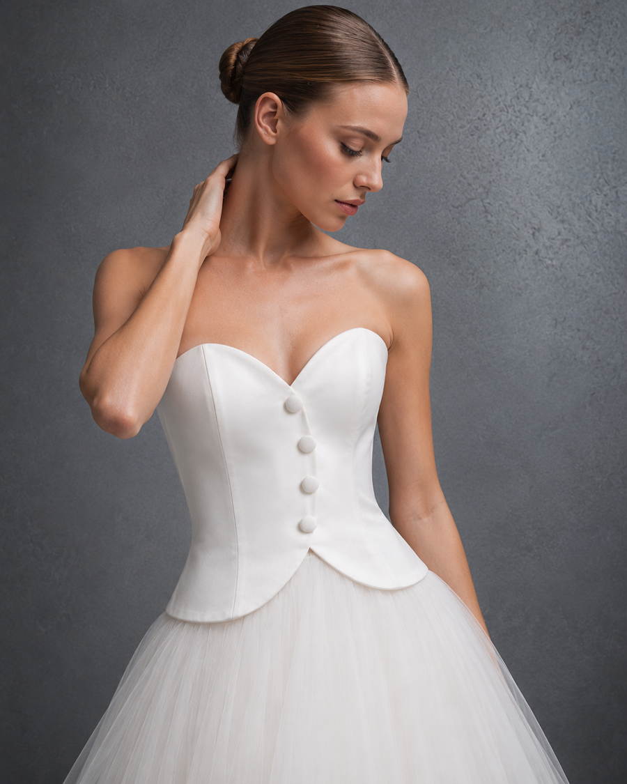 Ivory Strapless Corset Tulle Dress - Vintage Arc-Front Bridal Midi Gown