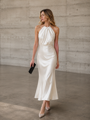 Ivory Satin Halter Maxi Dress - Elegant Back Slit Evening Gown
