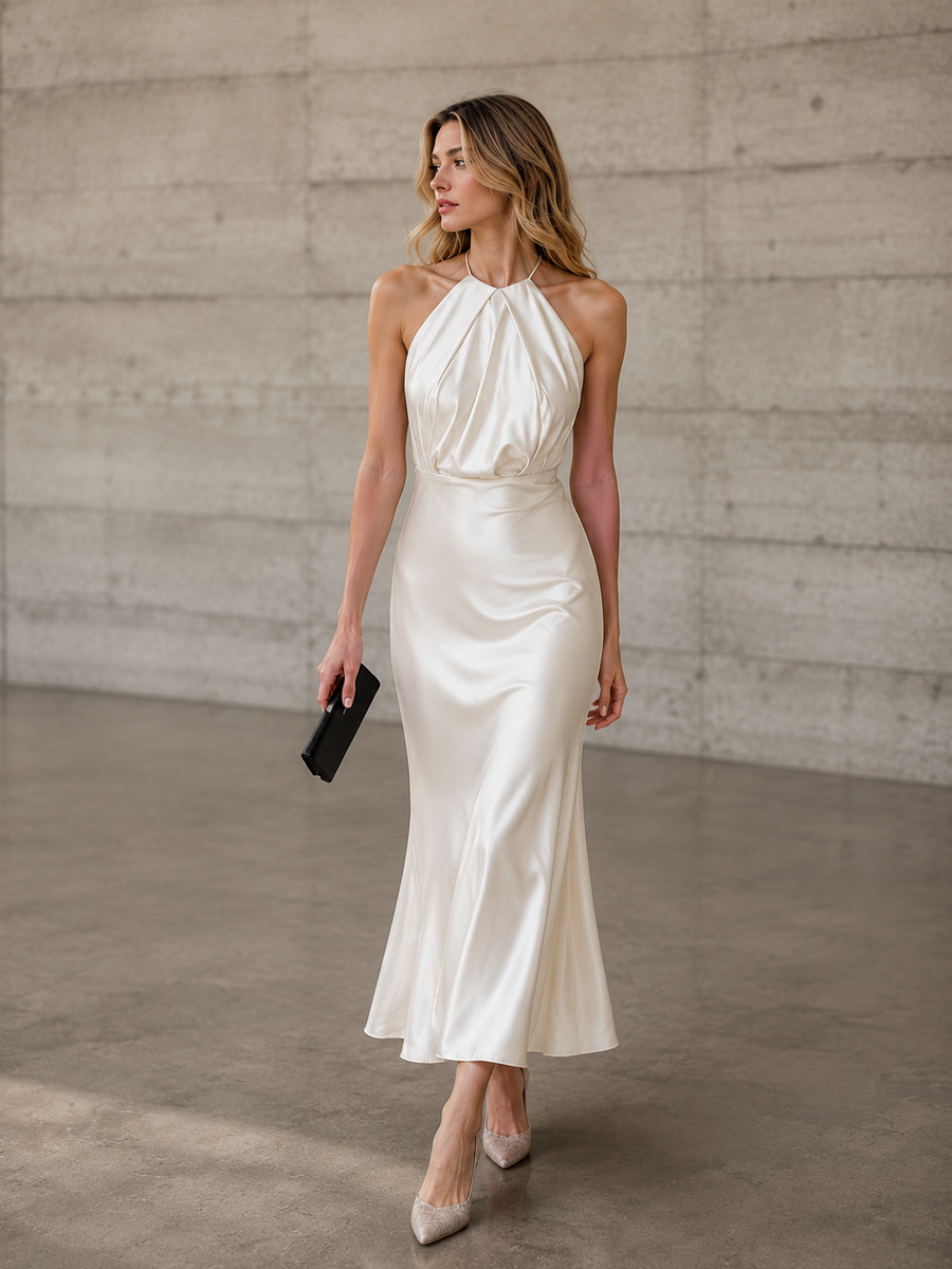 Ivory Satin Halter Maxi Dress - Elegant Back Slit Evening Gown