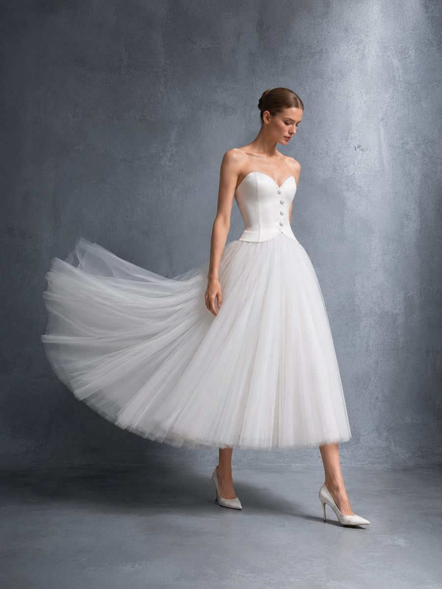 Ivory Strapless Corset Tulle Dress - Vintage Arc-Front Bridal Midi Gown
