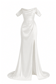 Ivory draped off-shoulder satin evening gown with sculpted waist and thigh slit