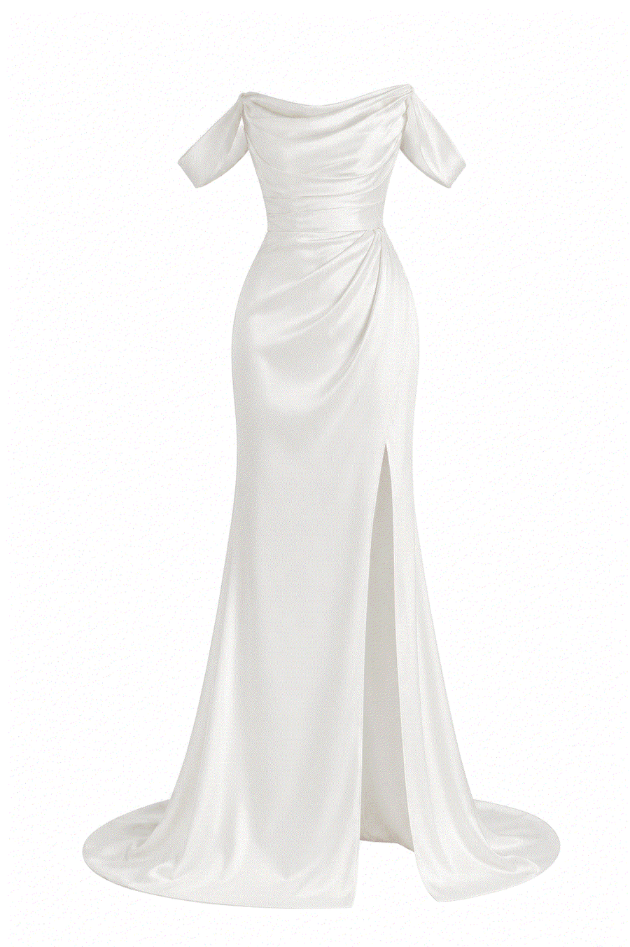 Ivory draped off-shoulder satin evening gown with sculpted waist and thigh slit