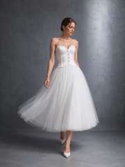 Ivory Strapless Corset Tulle Dress - Vintage Arc-Front Bridal Midi Gown