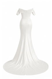 Ivory draped off-shoulder satin evening gown with thigh slit and sculpted waist
