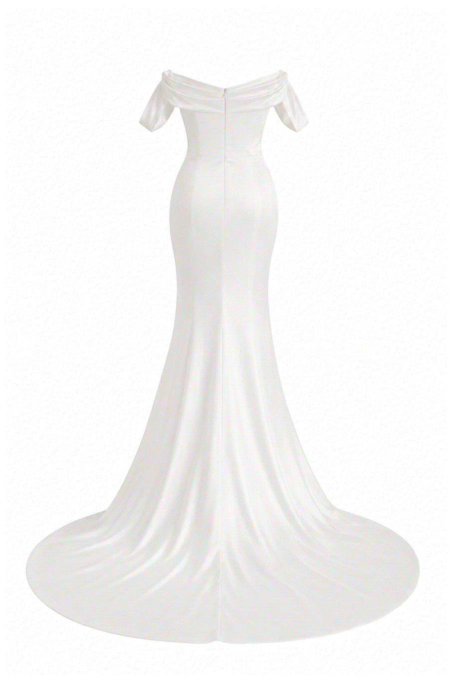 Ivory draped off-shoulder satin evening gown with thigh slit and sculpted waist