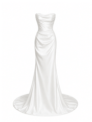 Ivory satin draped elegant wedding guest dress with minimalist bridal maxi gown design