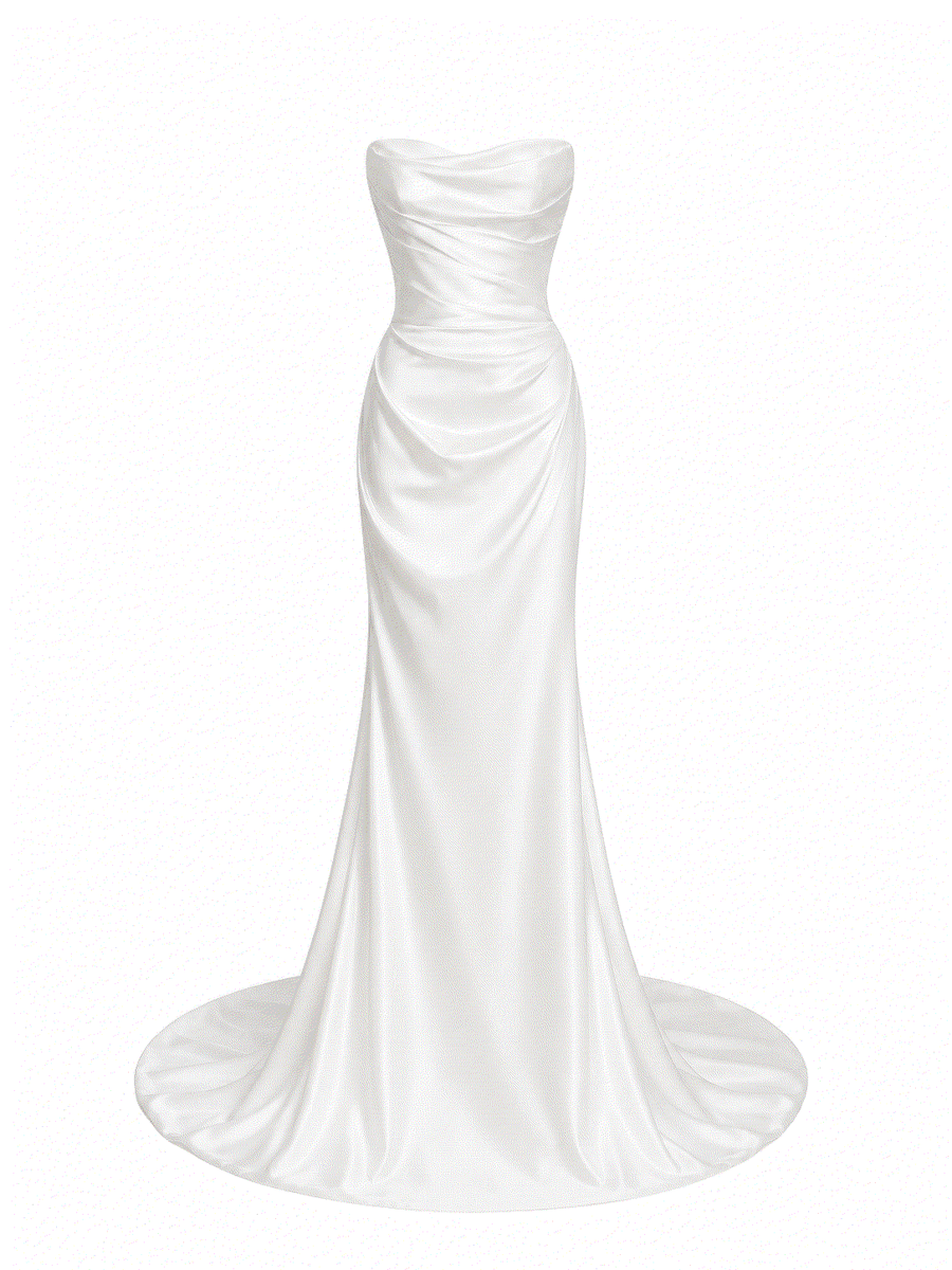 Ivory satin draped elegant wedding guest dress with minimalist bridal maxi gown design
