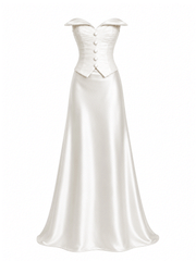 Ivory satin corset wedding dress with ruched bodice and flowing train