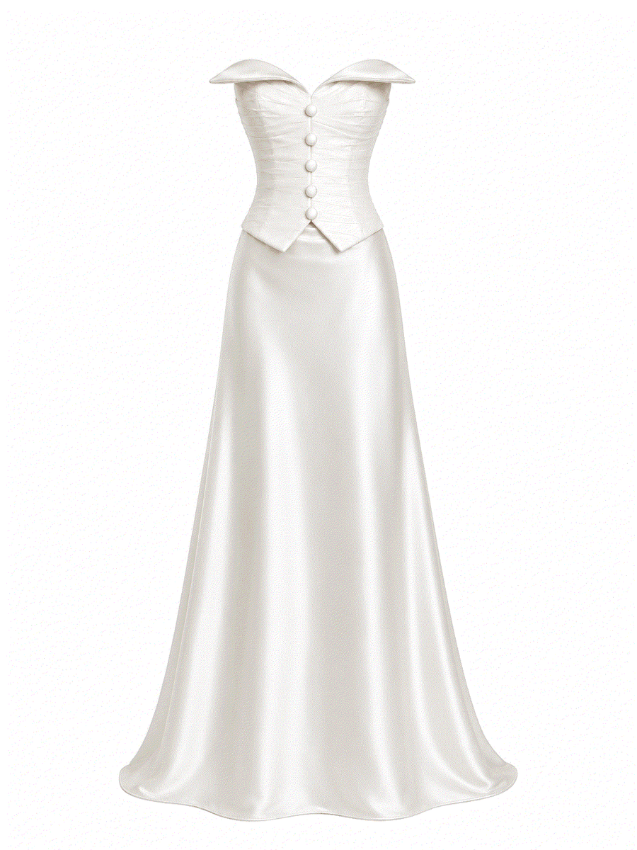 Ivory satin corset wedding dress with ruched bodice and flowing train